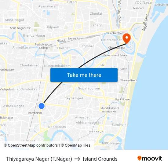 Thiyagaraya Nagar (T.Nagar) to Island Grounds map