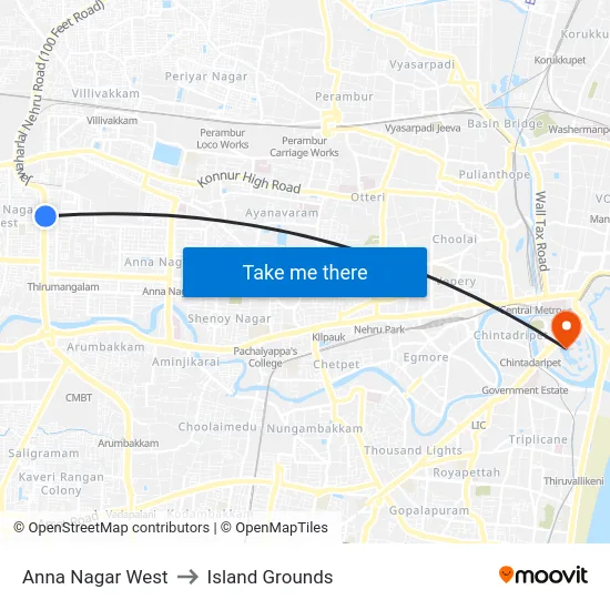 Anna Nagar West to Island Grounds map