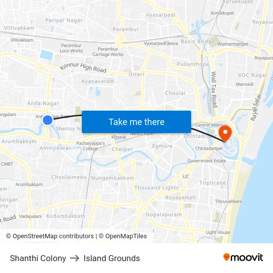 Shanthi Colony to Island Grounds map