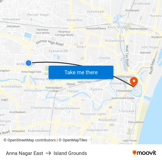 Anna Nagar East to Island Grounds map