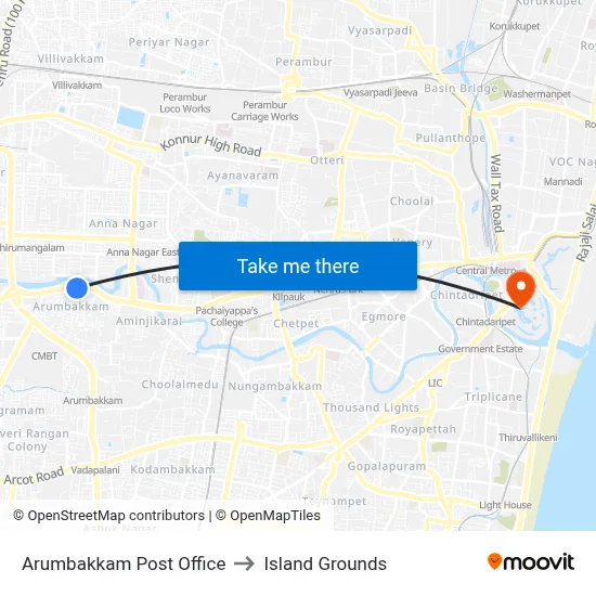 Arumbakkam Post Office to Island Grounds map