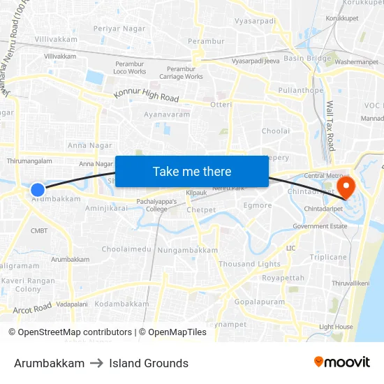 Arumbakkam to Island Grounds map
