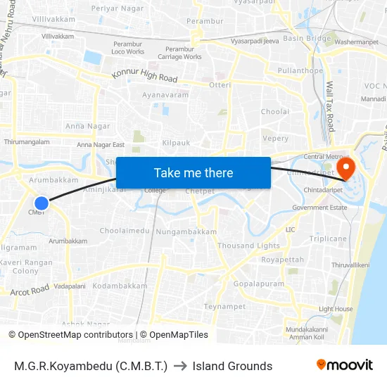 M.G.R.Koyambedu (C.M.B.T.) to Island Grounds map