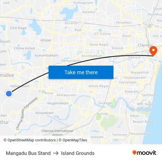 Mangadu Bus Stand to Island Grounds map