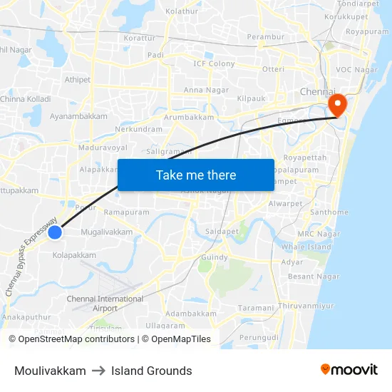 Moulivakkam to Island Grounds map