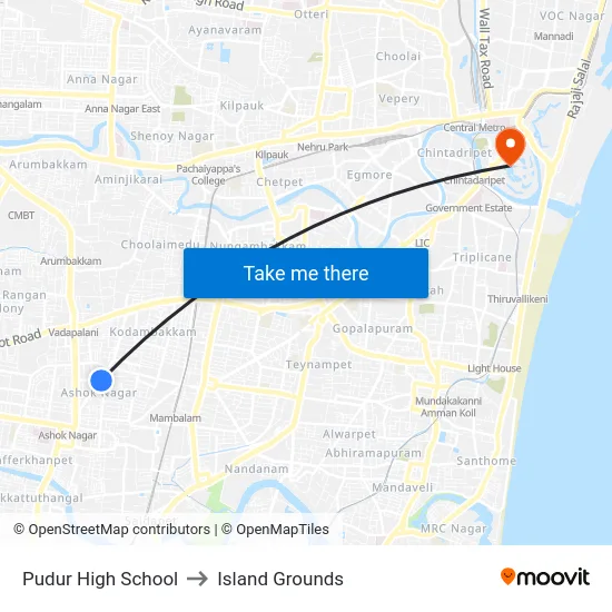 Pudur High School to Island Grounds map