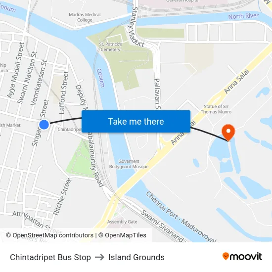 Chintadripet Bus Stop to Island Grounds map