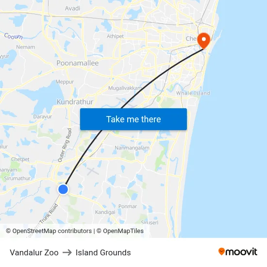 Vandalur Zoo to Island Grounds map
