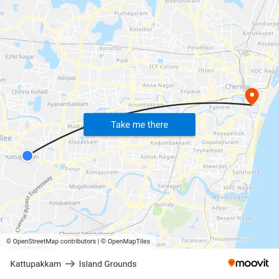 Kattupakkam to Island Grounds map