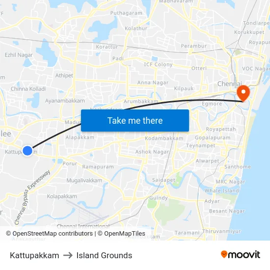 Kattupakkam to Island Grounds map