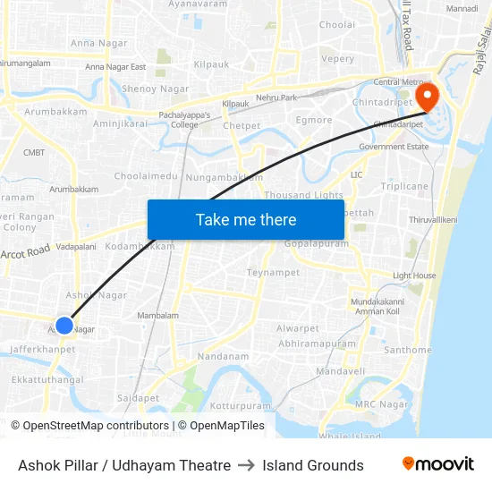 Ashok Pillar / Udhayam Theatre to Island Grounds map