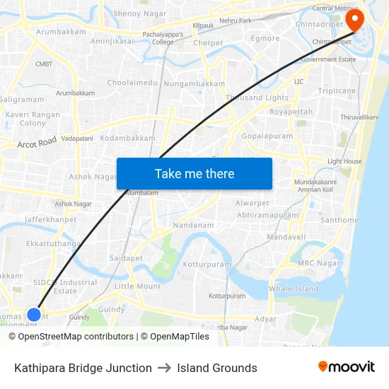 Kathipara Bridge Junction to Island Grounds map