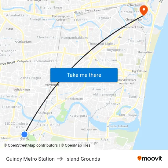 Guindy Metro Station to Island Grounds map