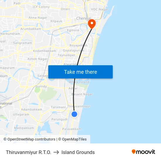 Thiruvanmiyur R.T.O. to Island Grounds map