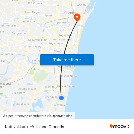 Kottivakkam to Island Grounds map
