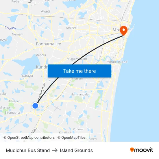 Mudichur Bus Stand to Island Grounds map