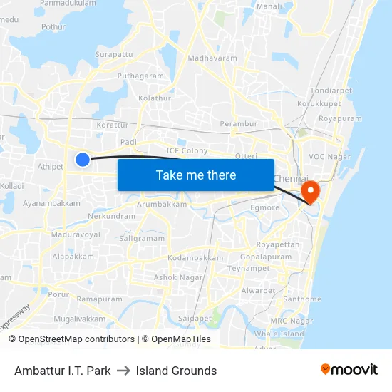 Ambattur I.T. Park to Island Grounds map