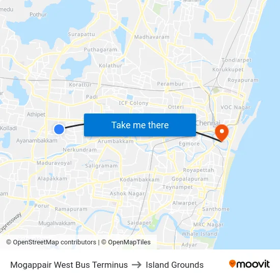 Mogappair West Bus Terminus to Island Grounds map