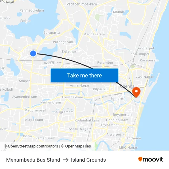 Menambedu Bus Stand to Island Grounds map