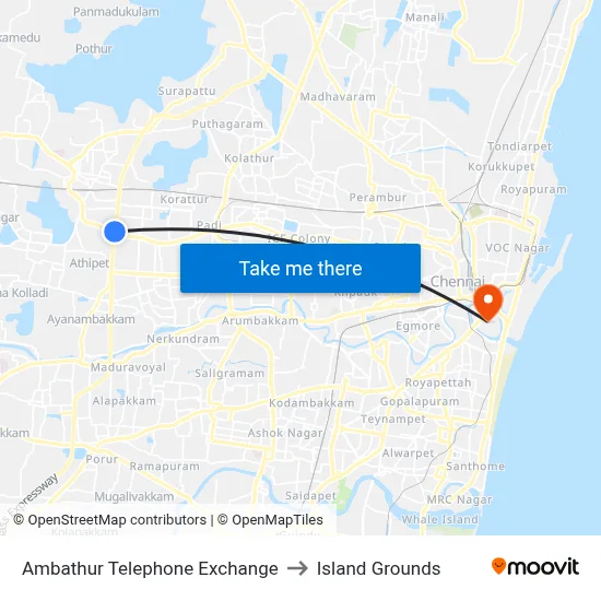 Ambathur Telephone Exchange to Island Grounds map