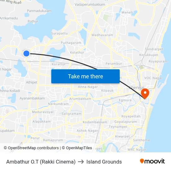 Ambathur O.T (Rakki Cinema) to Island Grounds map