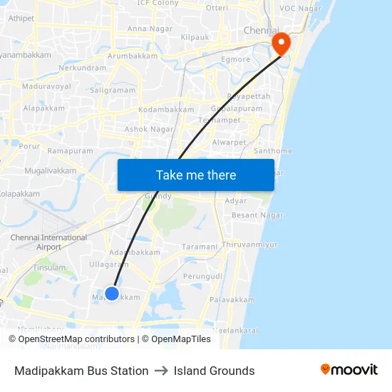 Madipakkam Bus Station to Island Grounds map
