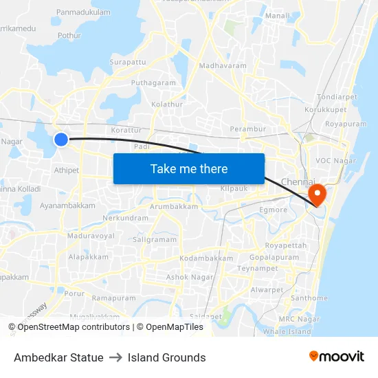 Ambedkar Statue to Island Grounds map
