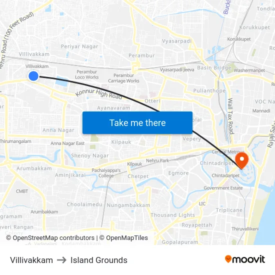 Villivakkam to Island Grounds map