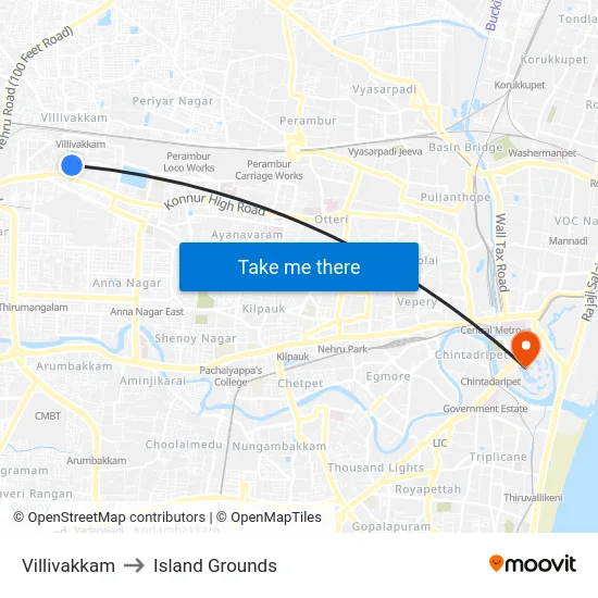 Villivakkam to Island Grounds map