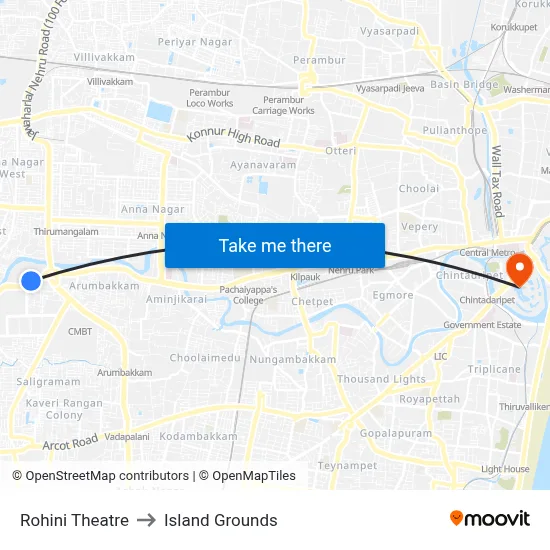 Rohini Theatre to Island Grounds map