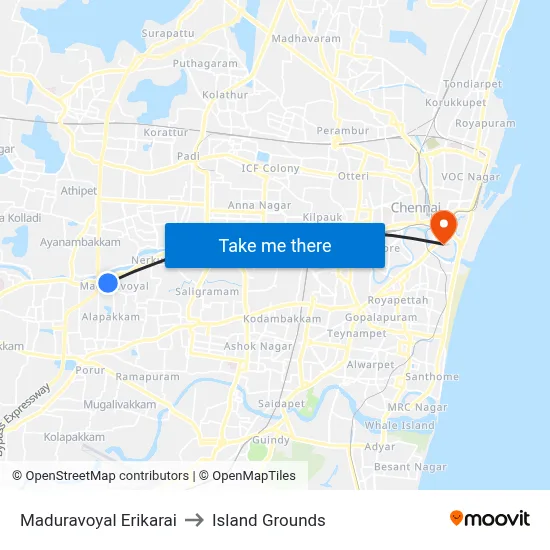 Maduravoyal Erikarai to Island Grounds map