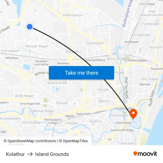 Kolathur to Island Grounds map