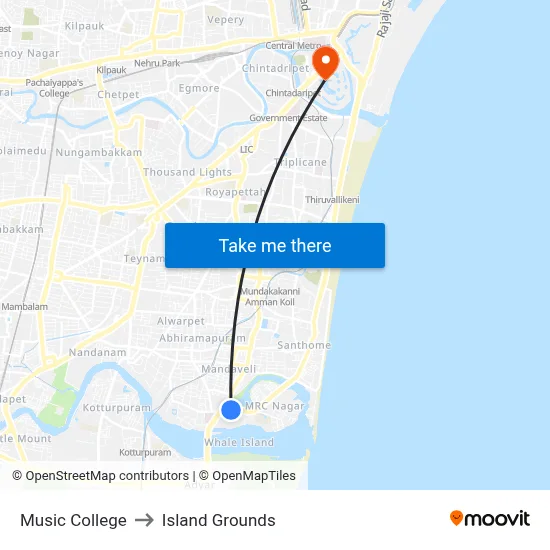 Music College to Island Grounds map