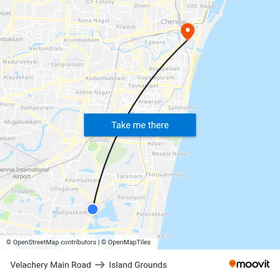 Velachery Main Road to Island Grounds map