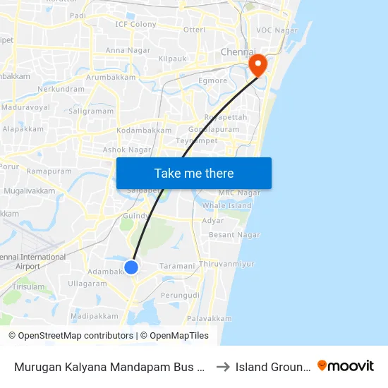 Murugan Kalyana Mandapam Bus Stop to Island Grounds map