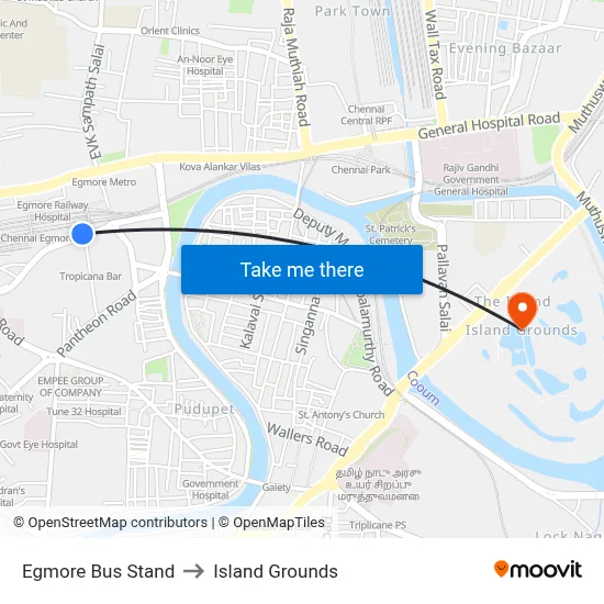 Egmore Bus Stand to Island Grounds map