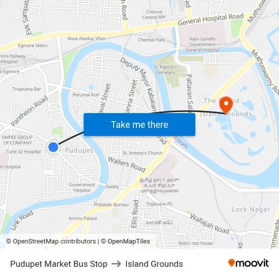 Pudupet Market Bus Stop to Island Grounds map