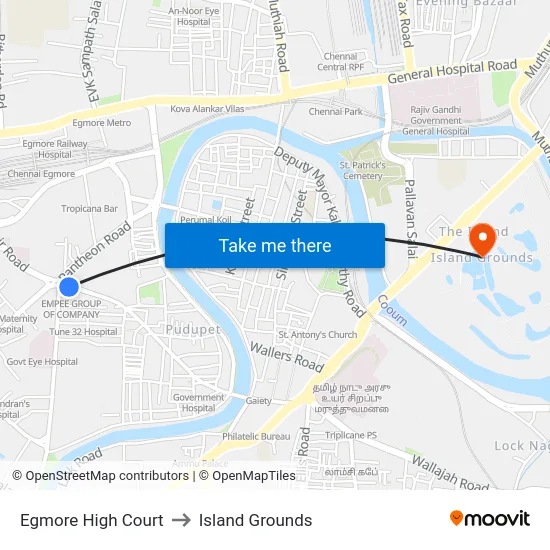 Egmore High Court to Island Grounds map