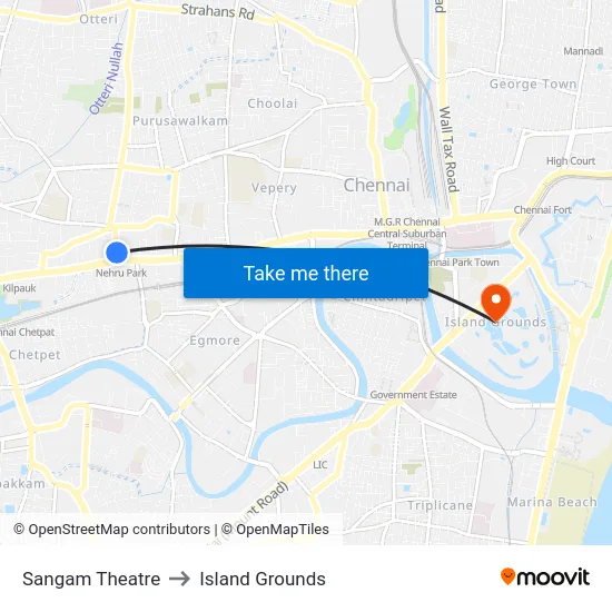 Sangam Theatre to Island Grounds map