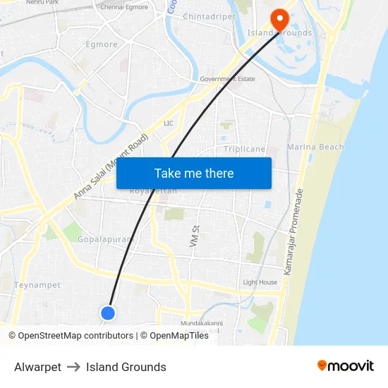 Alwarpet to Island Grounds map