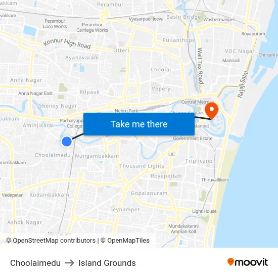 Choolaimedu to Island Grounds map
