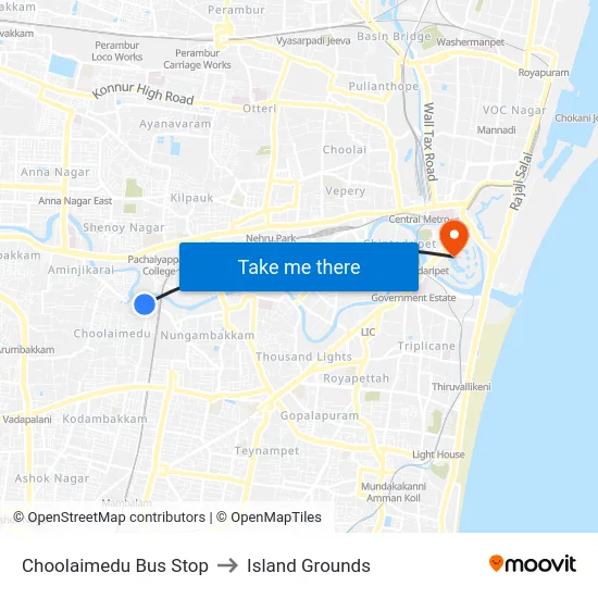 Choolaimedu Bus Stop to Island Grounds map