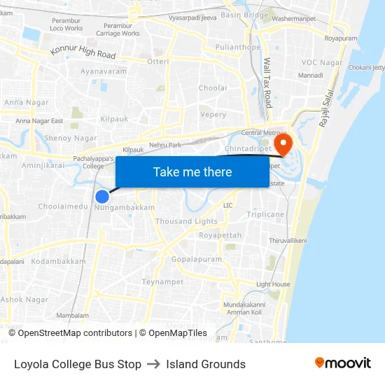 Loyola College Bus Stop to Island Grounds map