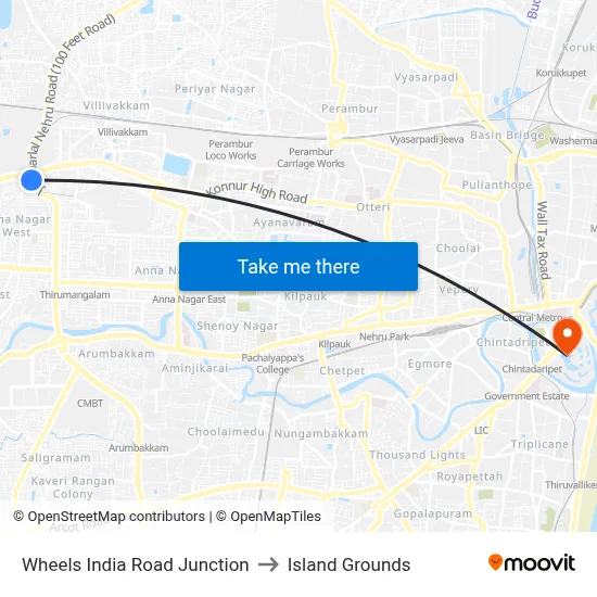 Wheels India Road Junction to Island Grounds map