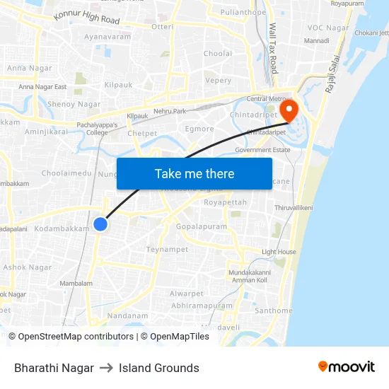 Bharathi Nagar to Island Grounds map
