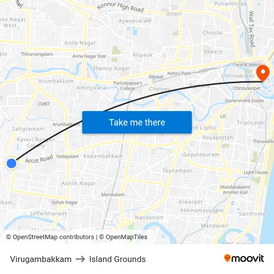 Virugambakkam to Island Grounds map