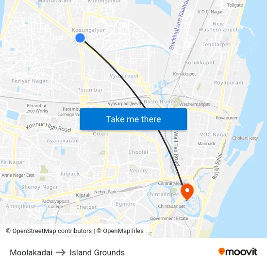 Moolakadai to Island Grounds map