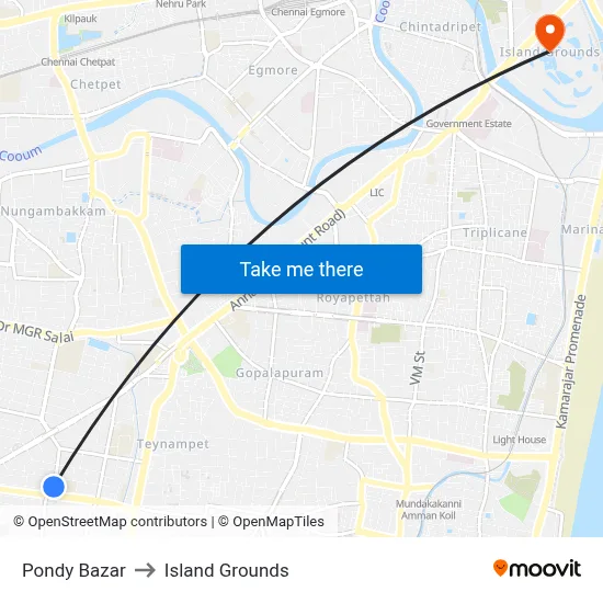 Pondy Bazar to Island Grounds map