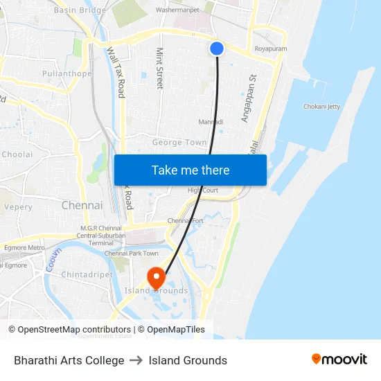 Bharathi Arts College to Island Grounds map