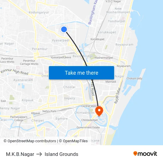 M.K.B.Nagar to Island Grounds map